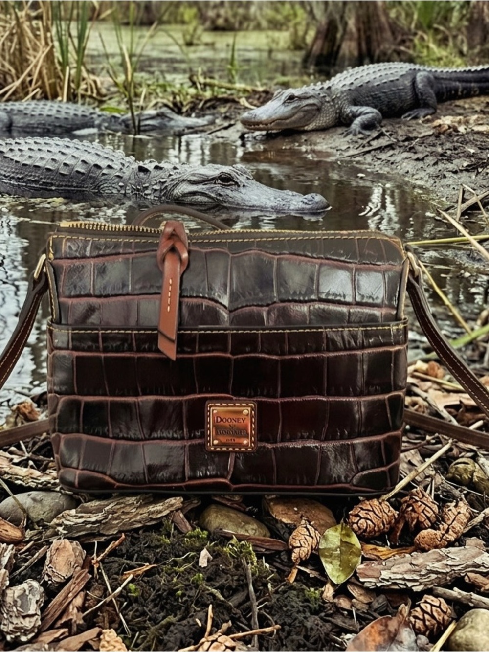 Dooney & Bourke Dark Brown Croc-Embossed Leather Crossbody with Tan Strap